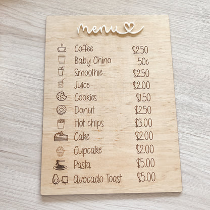 CAFE MENUS - PLAY KITCHEN